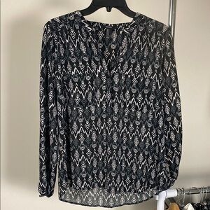 Black and White Graphic Blouse with Mandarin Collar